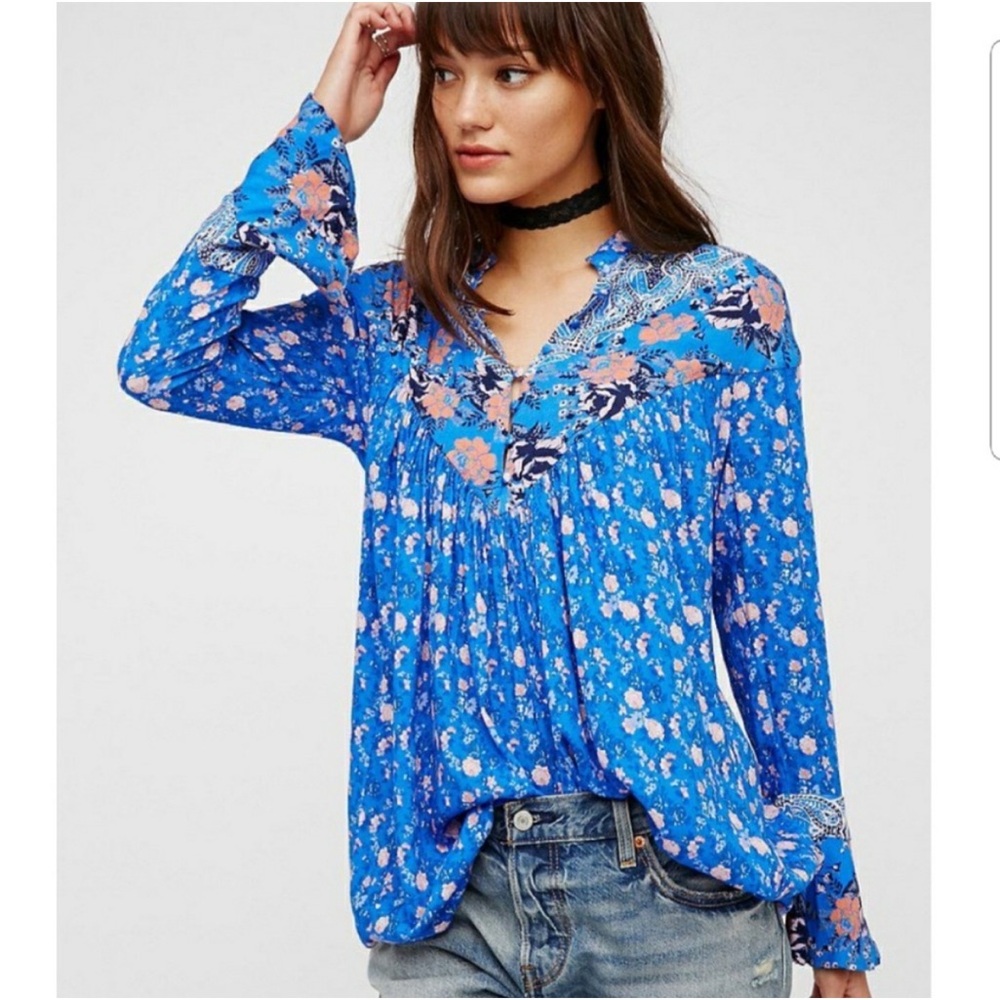 Free People Wildflower Fields Vibrant Blue Floral Tunic Blouse Small 4 6 8